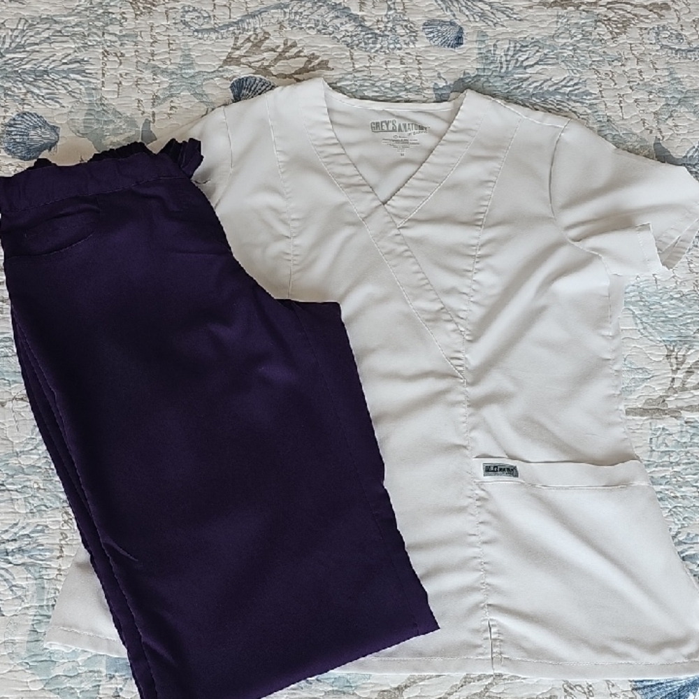 Grey's Anatomy White and Purple Scrub Set
